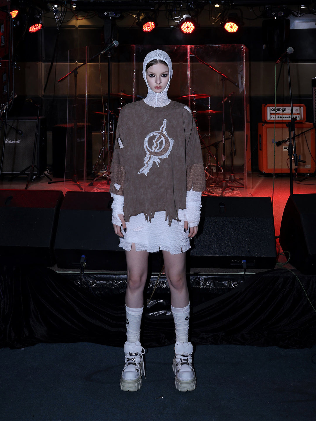 PINKSPINK ELECTRIC MOON triple-layer distressed mesh tee — close modeled view highlighting the construction