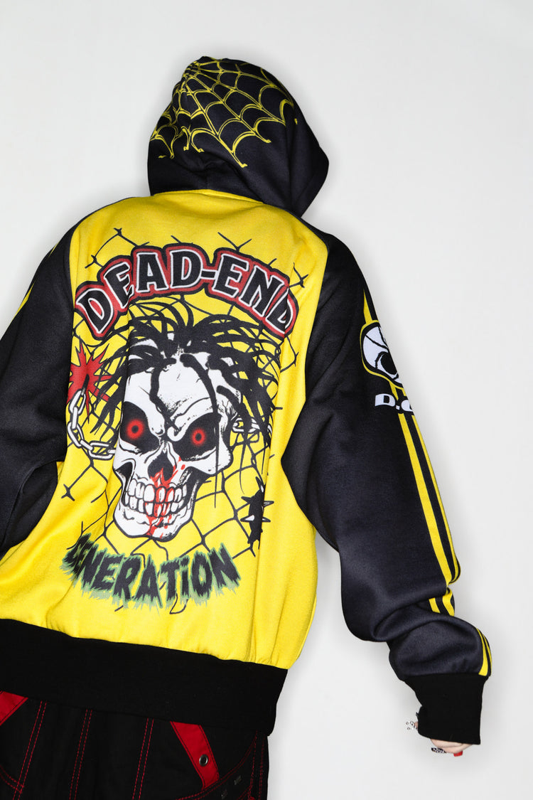 DeadEndKids Hardcore Generation skeleton zip-up hoodie — modeled back