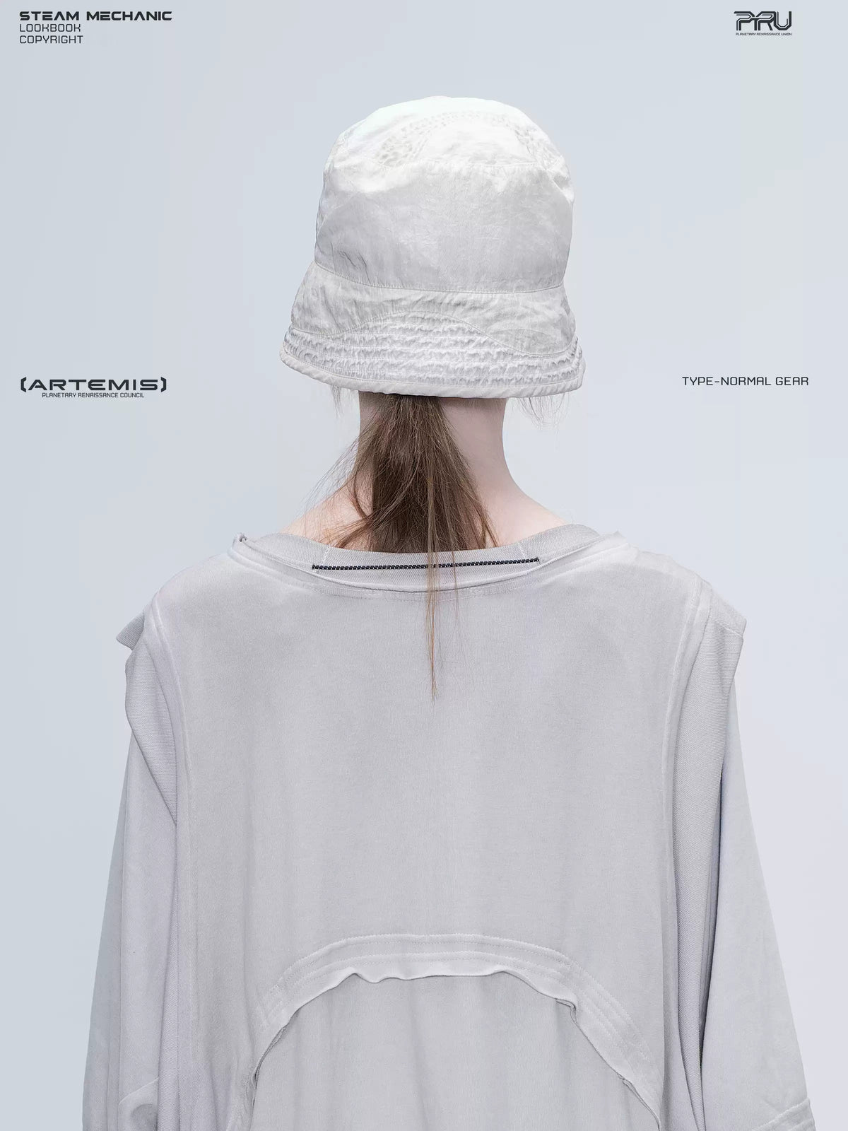 PIONEER eris white distressed nylon bucket hat — rear close-up showing the crown seams and brim