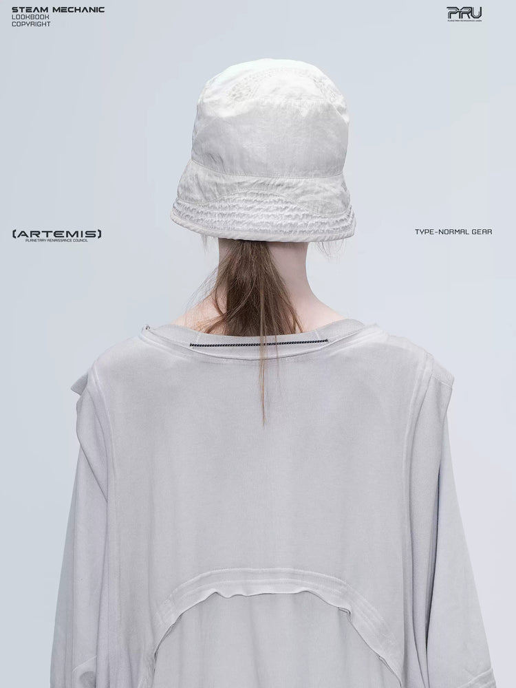 PIONEER eris white distressed nylon bucket hat — rear close-up showing the crown seams and brim
