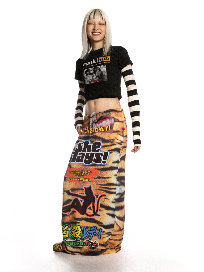 DEADENDKIDS TIGER RIOT graphic maxi skirt — rear modeled view