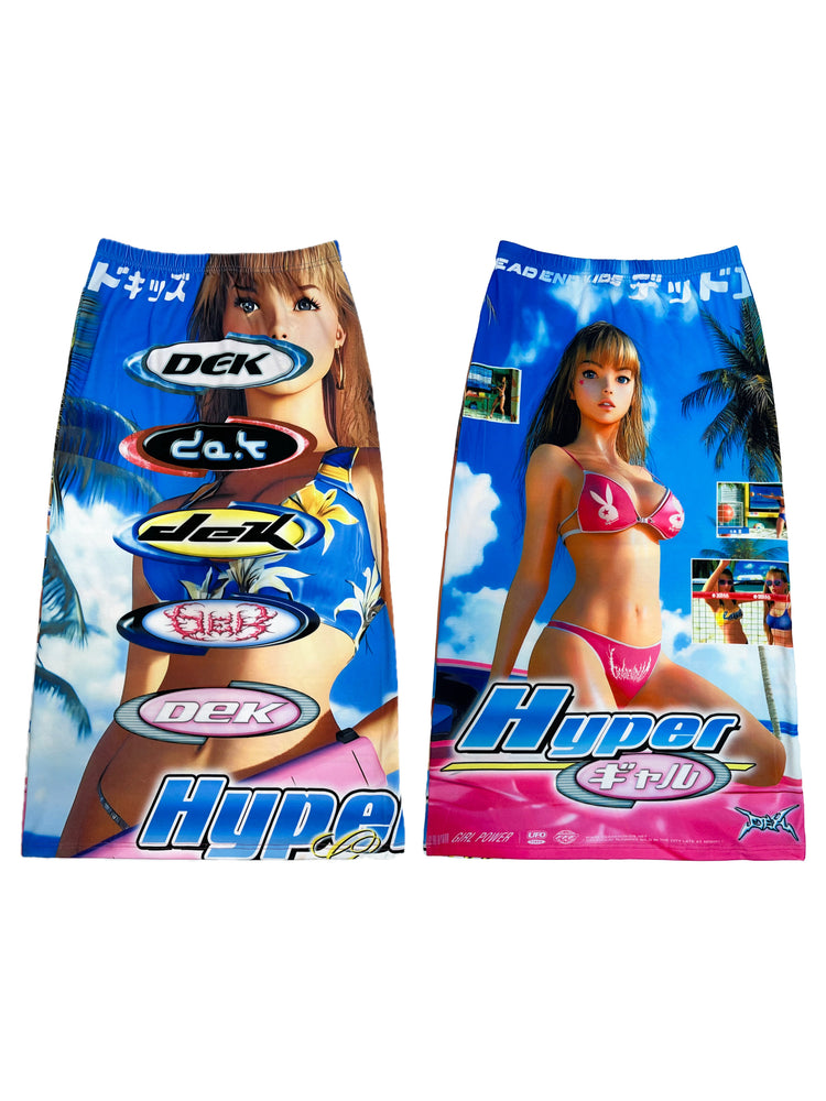 DEADENDKIDS REVERSIBLE ARCHIVE graphic maxi skirt — close modeled view
