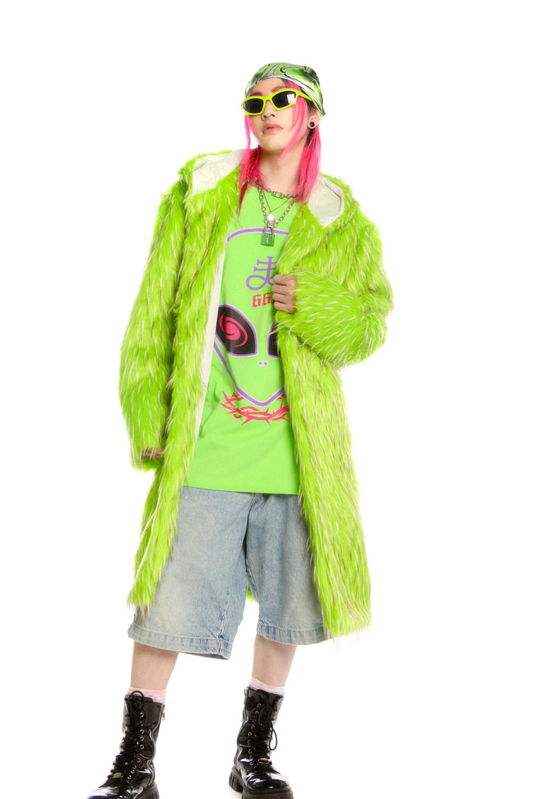 DEADENDKIDS ALIEN LIME long faux-fur hooded coat — construction detail