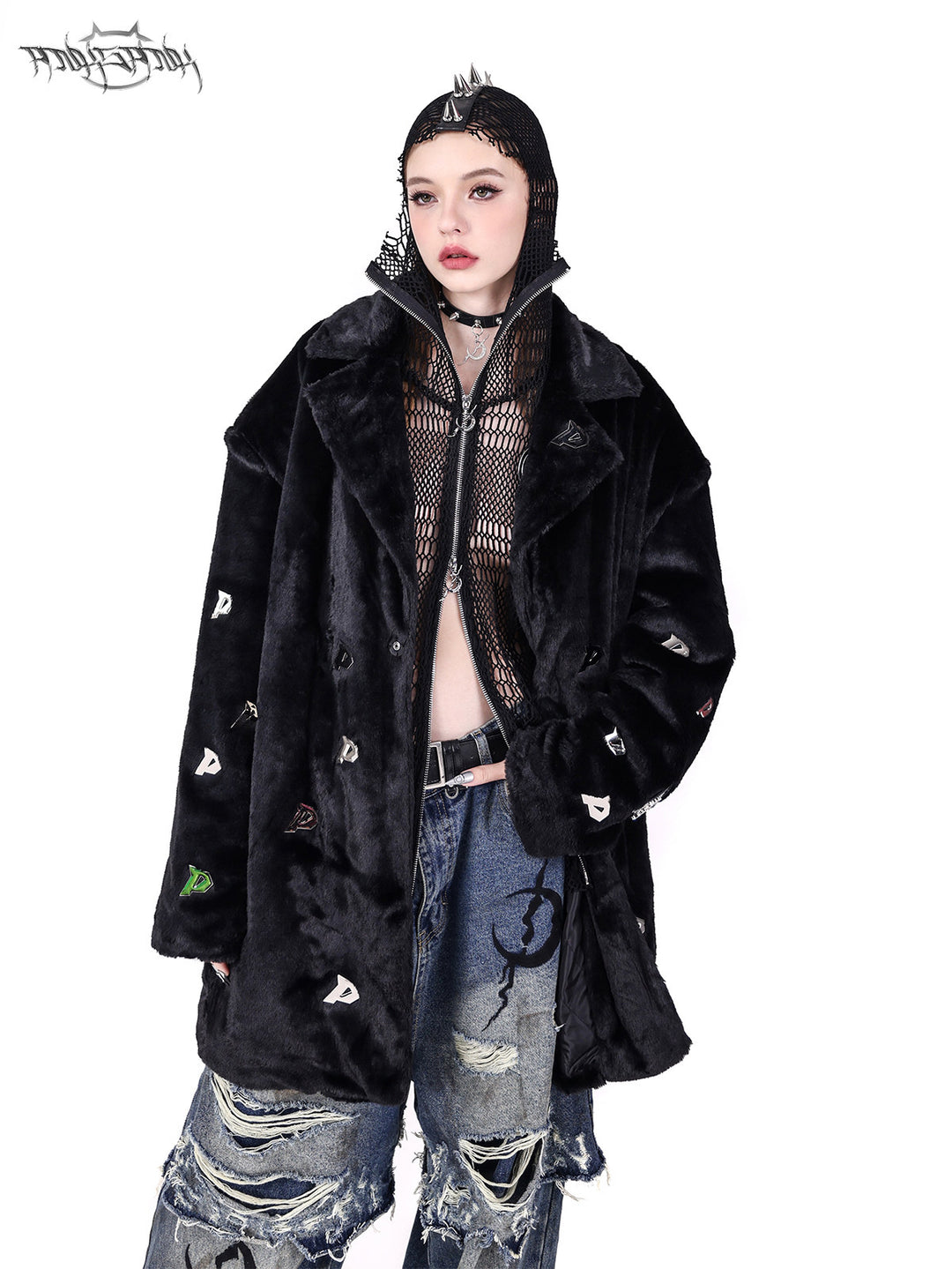 PINKSPINK ELECTRIC MOON spiked open-mesh zip hoodie in black — close-up styling view layered under a separate faux-fur jacket