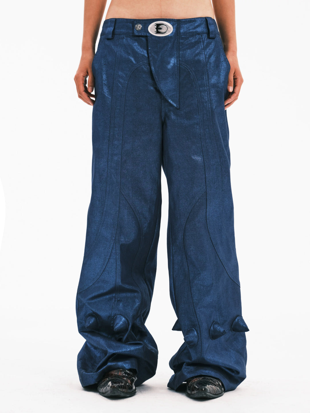 EMBRYO BLUE SPIKE metallic flare pants — front product presentation