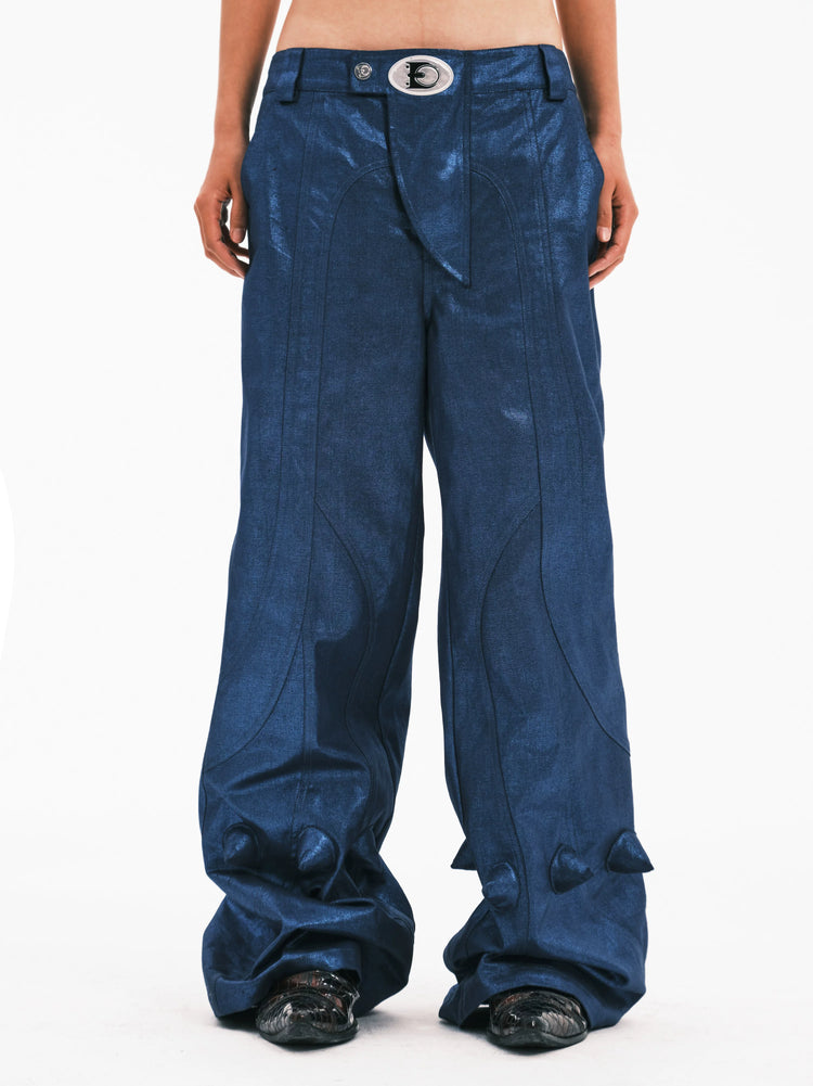 EMBRYO BLUE SPIKE metallic flare pants — front product presentation