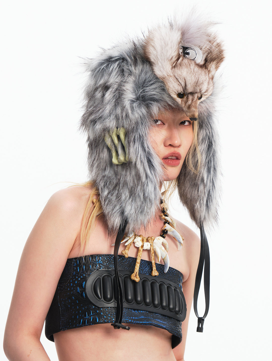 EMBRYO GRAY BEAST bone-detail faux-fur hat — alternate modeled angle
