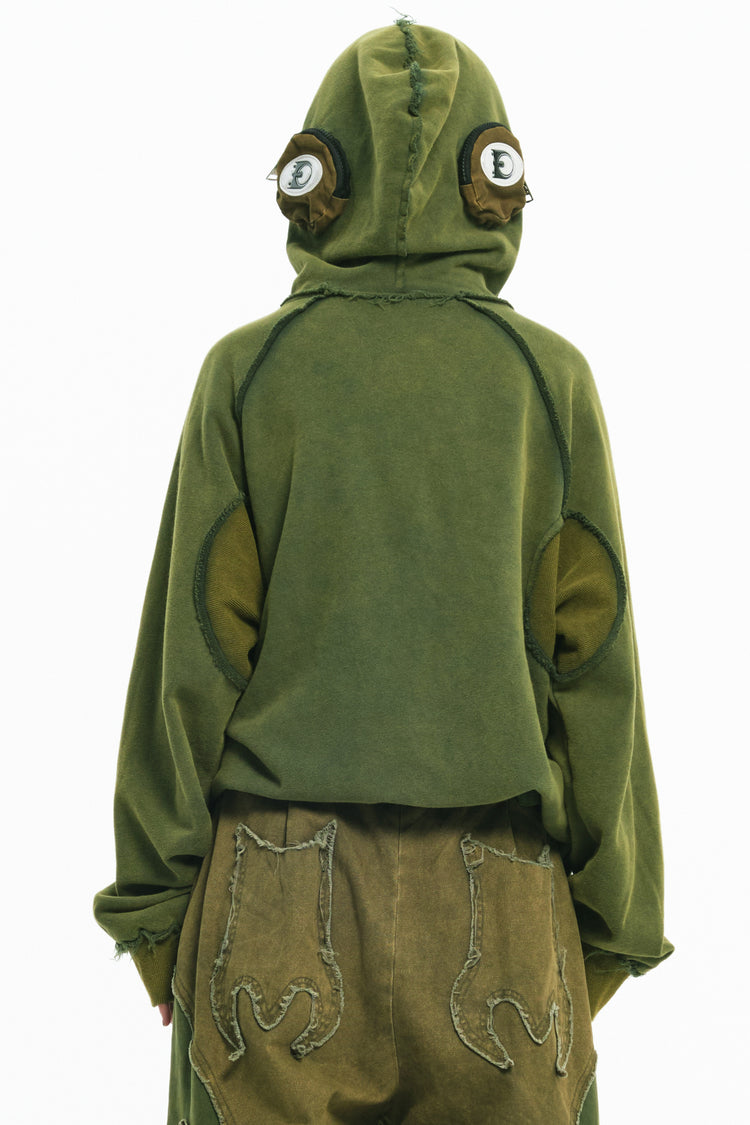 EMBRYO GREEN GUARD distressed armor hoodie — garment-only view
