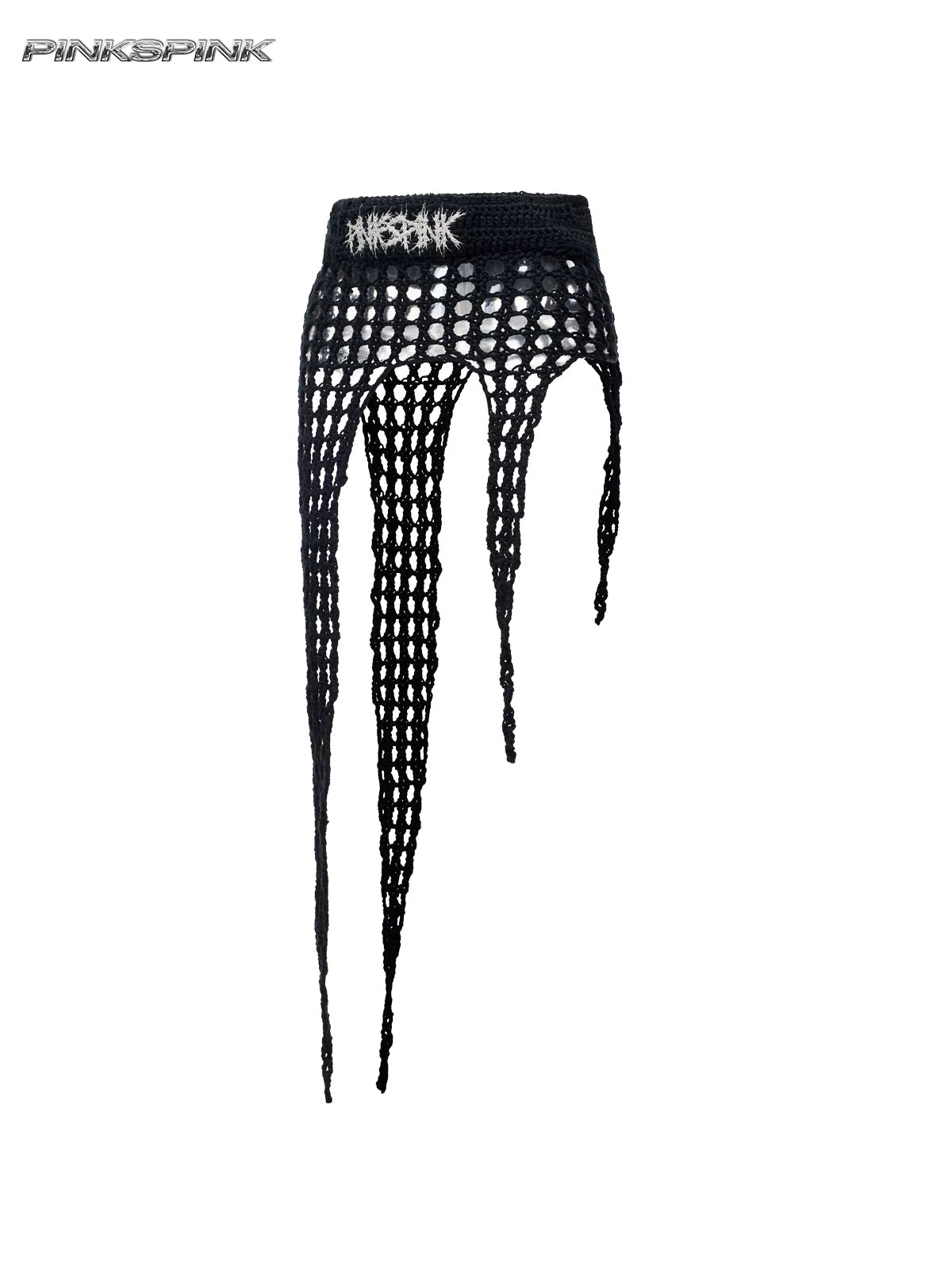 PINKSPINK THORNSTAR open-knit layering skirt in black — garment-only front view showing the open knit and four long pointed panels