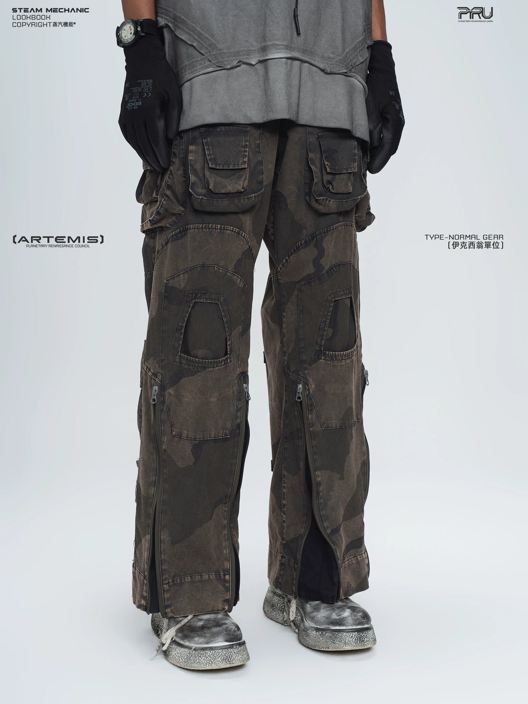 IXION dead leaf brown washed camouflage combat pants — alternate modeled angle