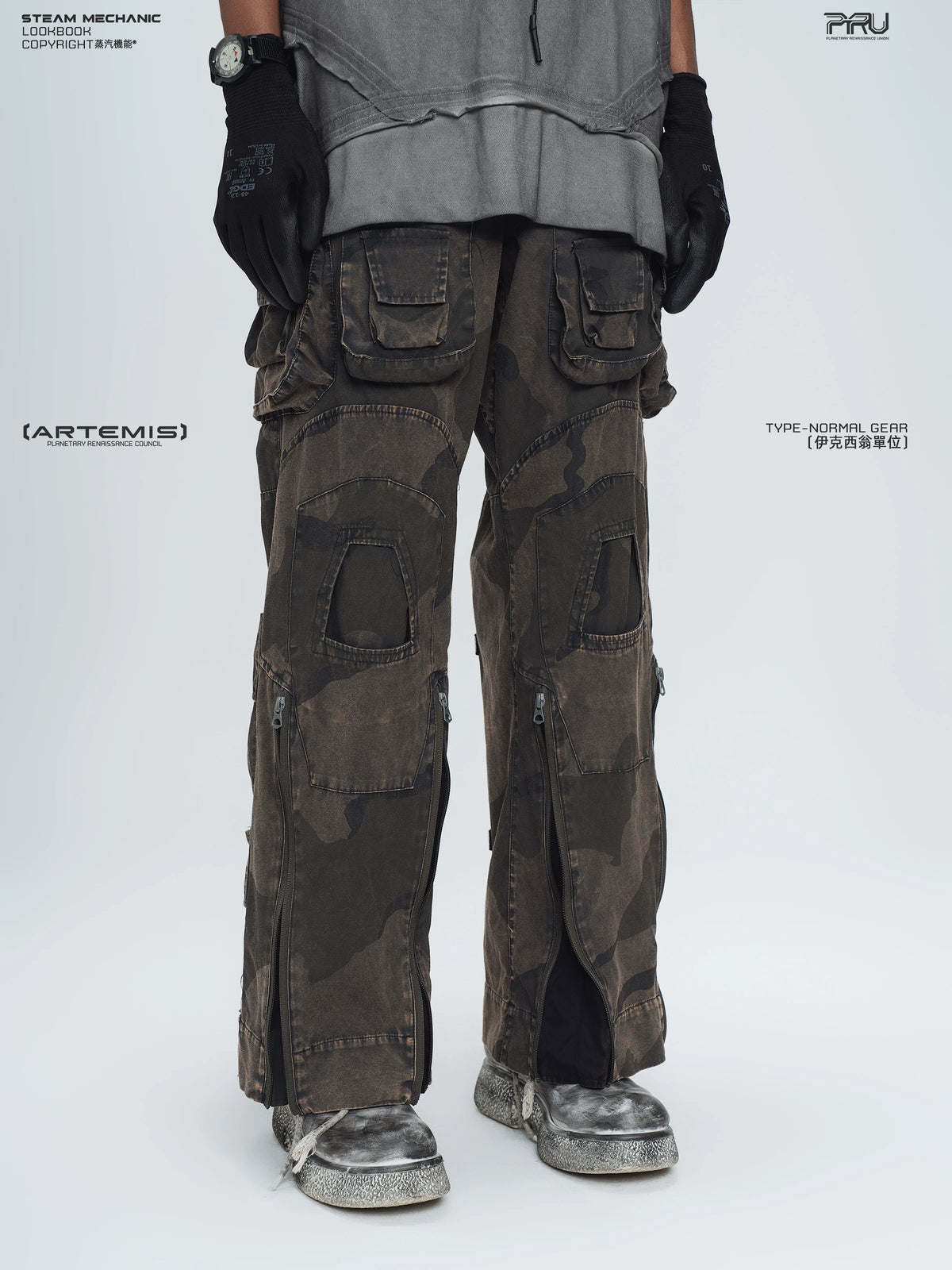 IXION dead leaf brown washed camouflage combat pants — alternate modeled angle
