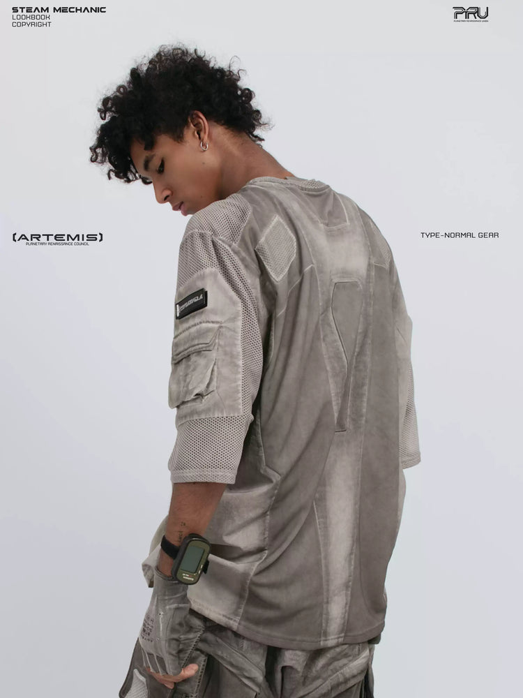 STARCORE xirang brown velcro mesh tee — rear three-quarter modeled view looking down
