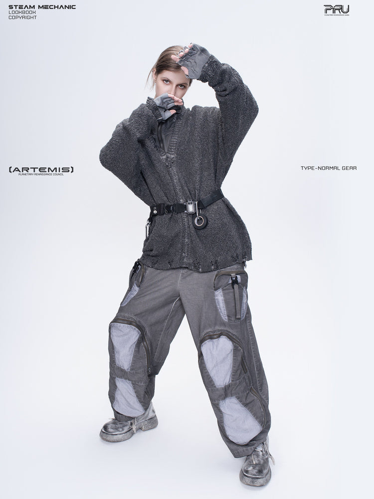 PIONEER moon dust gray moon-protection distressed sweater — material and silhouette detail