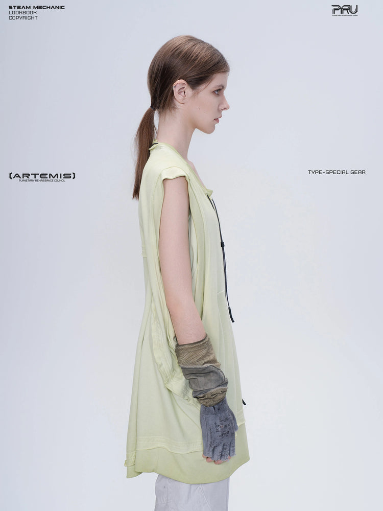SUPERNOVA nebula green convertible drawstring technical tee — side modeled view with sleeves concealed