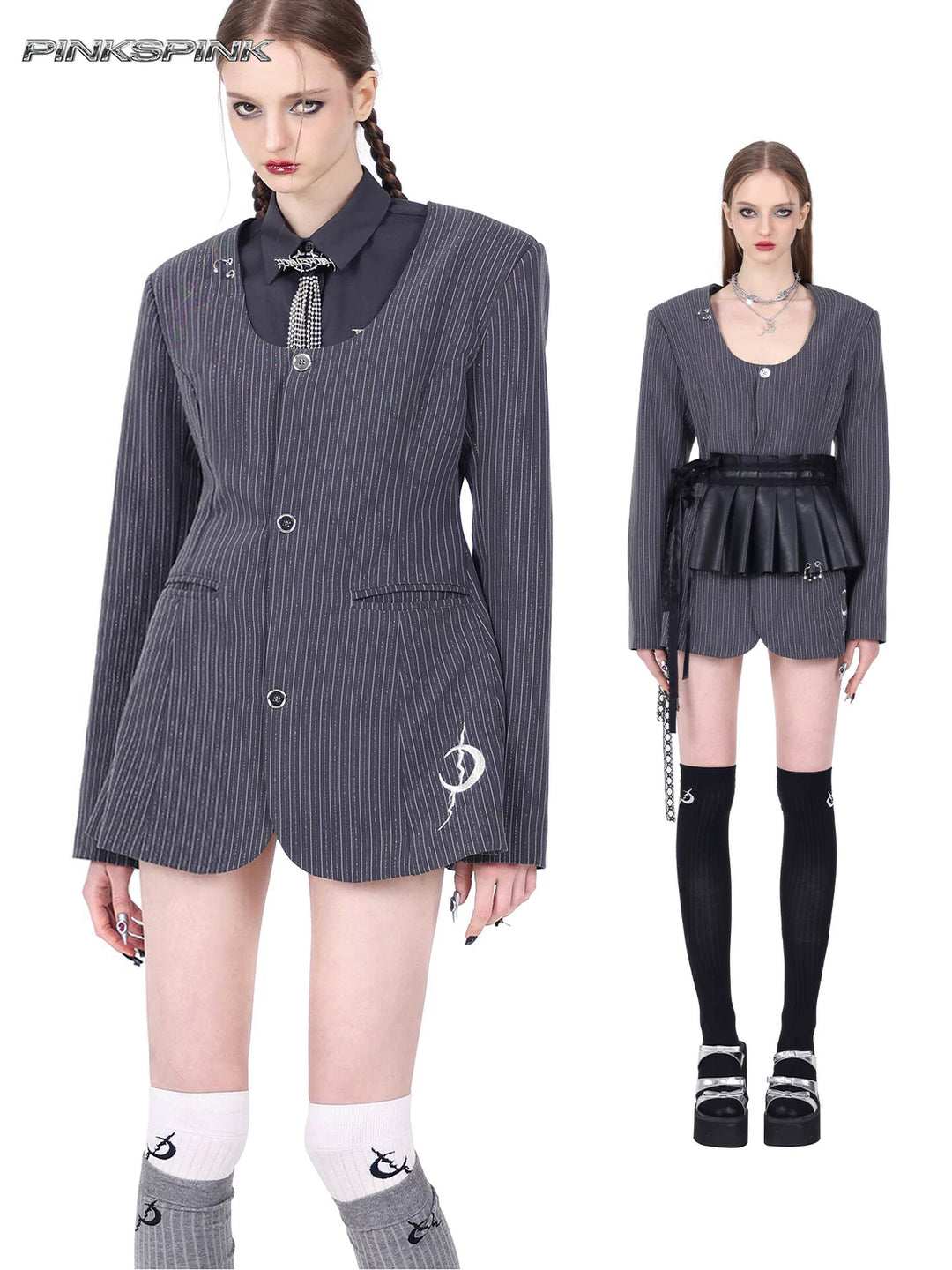 PINKSPINK ELECTRIC MOON pinstripe ring-detail blazer dress in gray pinstripe — collage of front modeled views with two styling combinations
