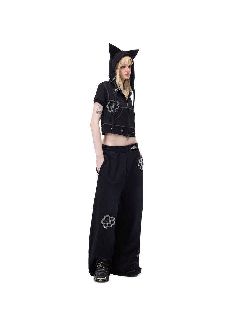 PINKSPINK CATPAW cropped cat-ear zip hoodie in black — full-length side modeled view with cat-ear hood up