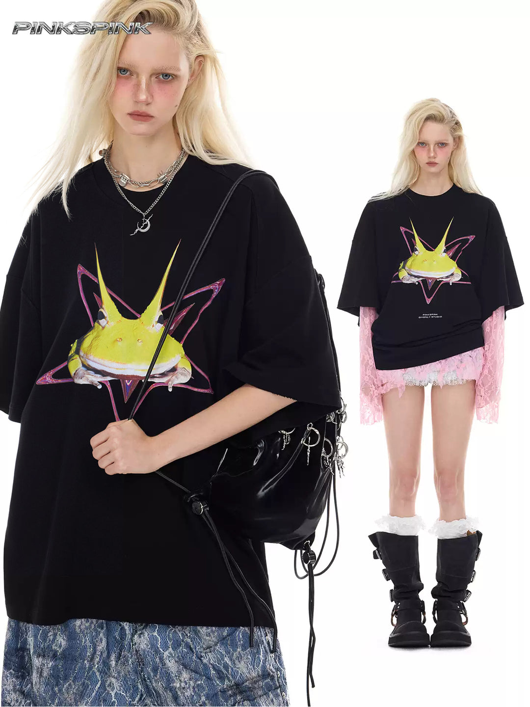 PINKSPINK HORNED FROG oversized graphic tee in black — collage of front modeled looks showing the oversized shape and horned-frog print