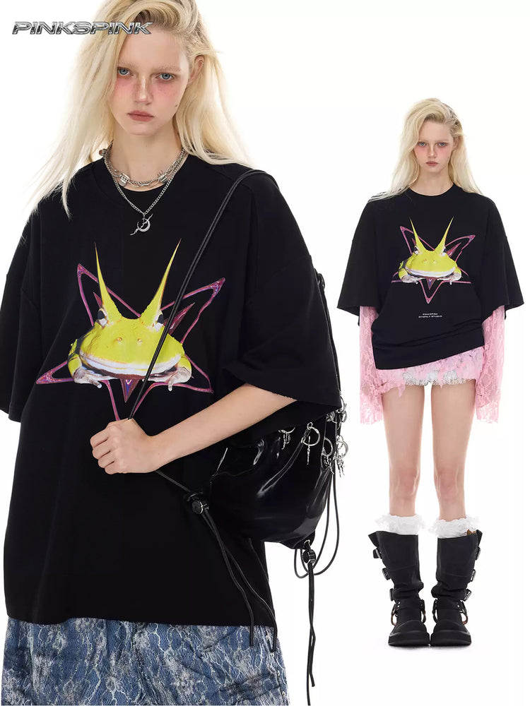 PINKSPINK HORNED FROG oversized graphic tee in black — collage of front modeled looks showing the oversized shape and horned-frog print