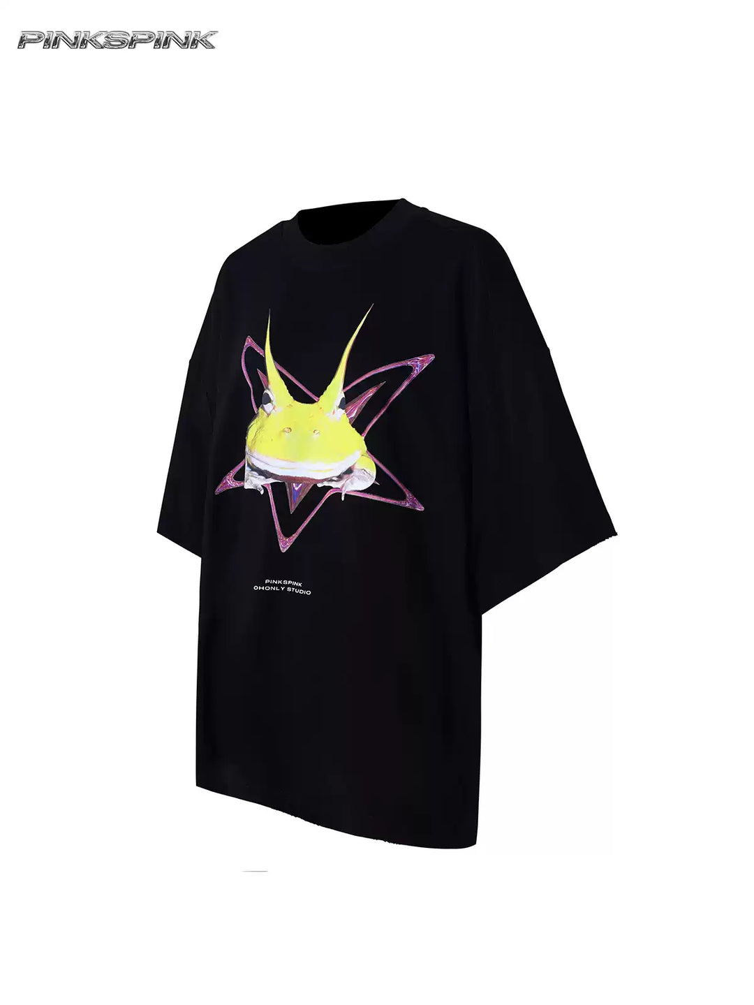 PINKSPINK HORNED FROG oversized graphic tee in black — front garment-only view showing the oversized silhouette