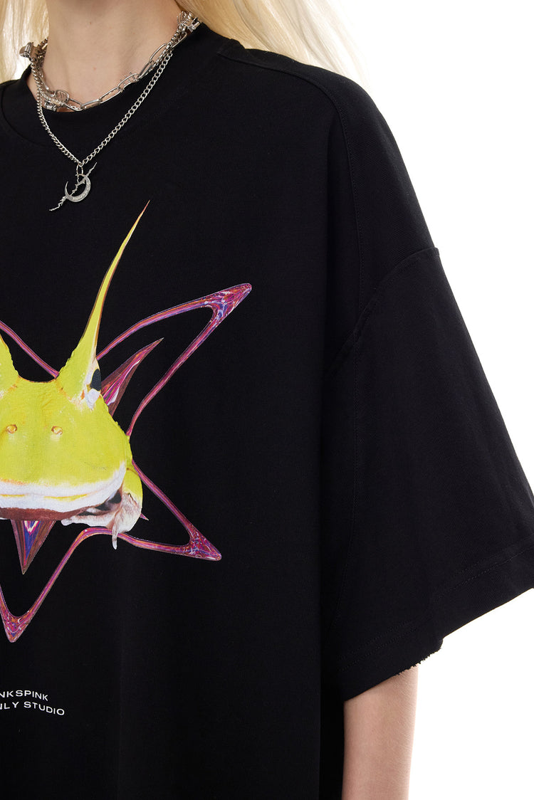 PINKSPINK HORNED FROG oversized graphic tee in black — close-up of the printed graphic and cotton texture