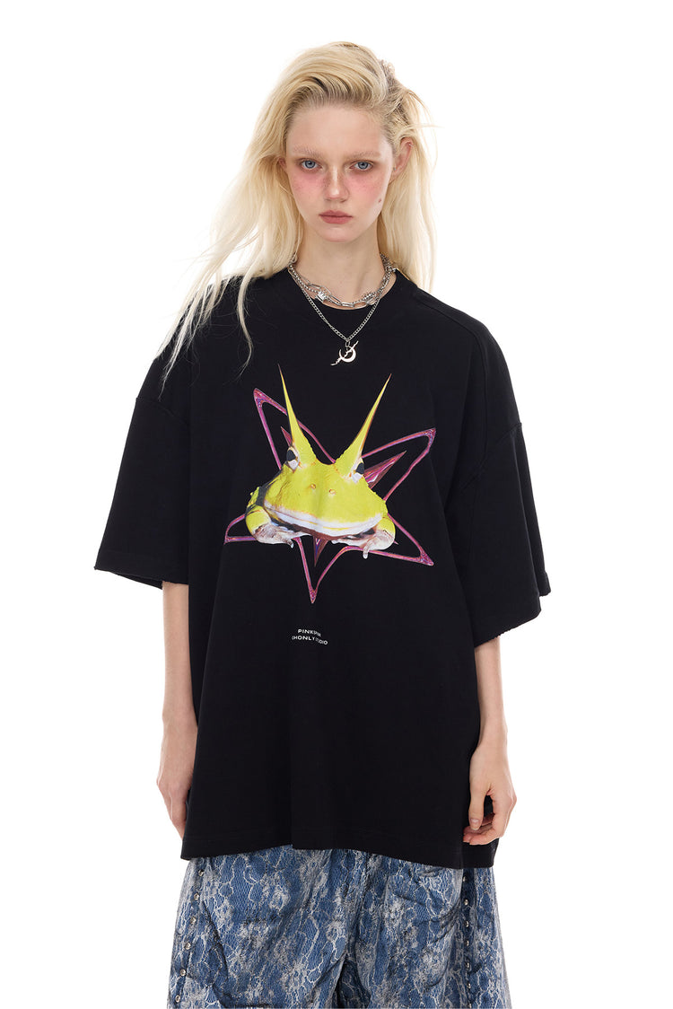 PINKSPINK HORNED FROG oversized graphic tee in black — front medium view with the horned-frog print and dropped shoulders