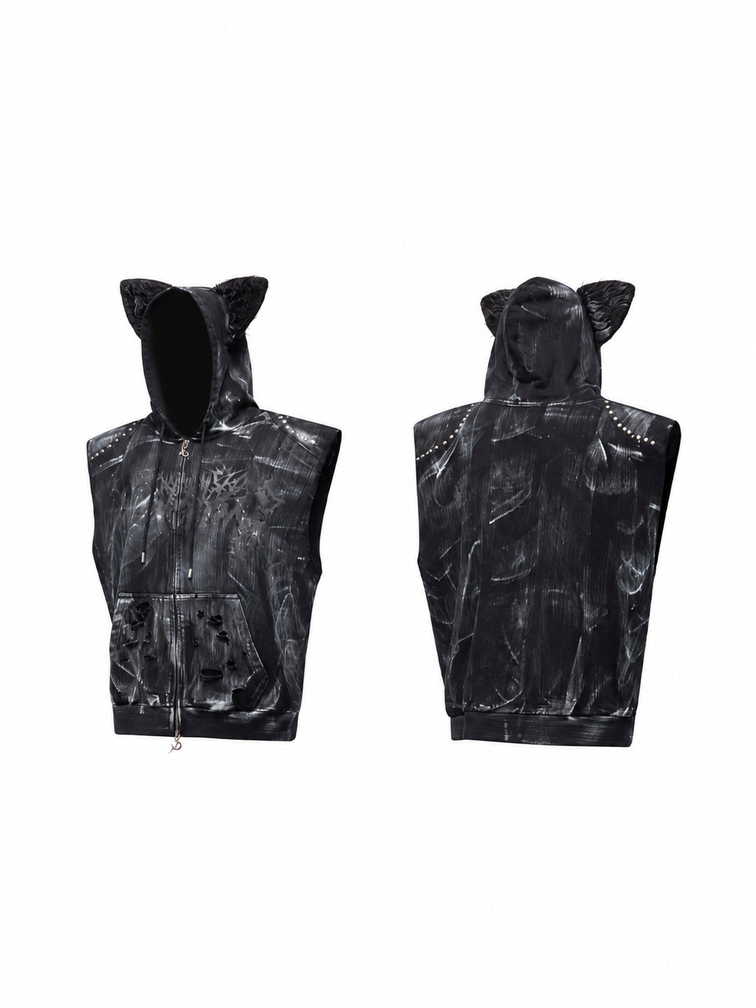 PINKSPINK ELECTRIC MOON studded cat-ear vest in black — garment-only front and back views showing the hood, distressed pockets and shoulder studs