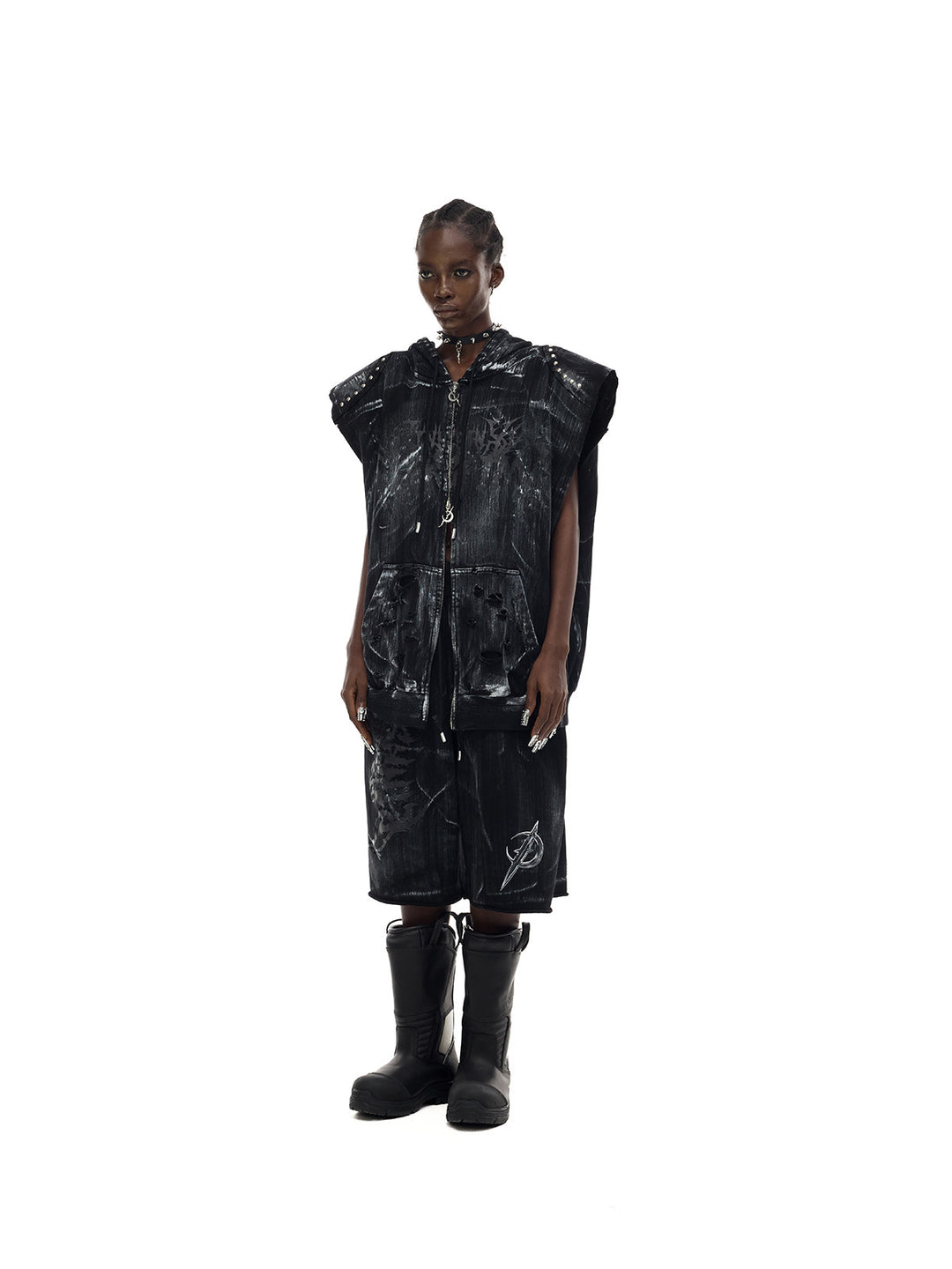PINKSPINK ELECTRIC MOON studded cat-ear vest in black — full-length three-quarter modeled view with matching knee-length shorts