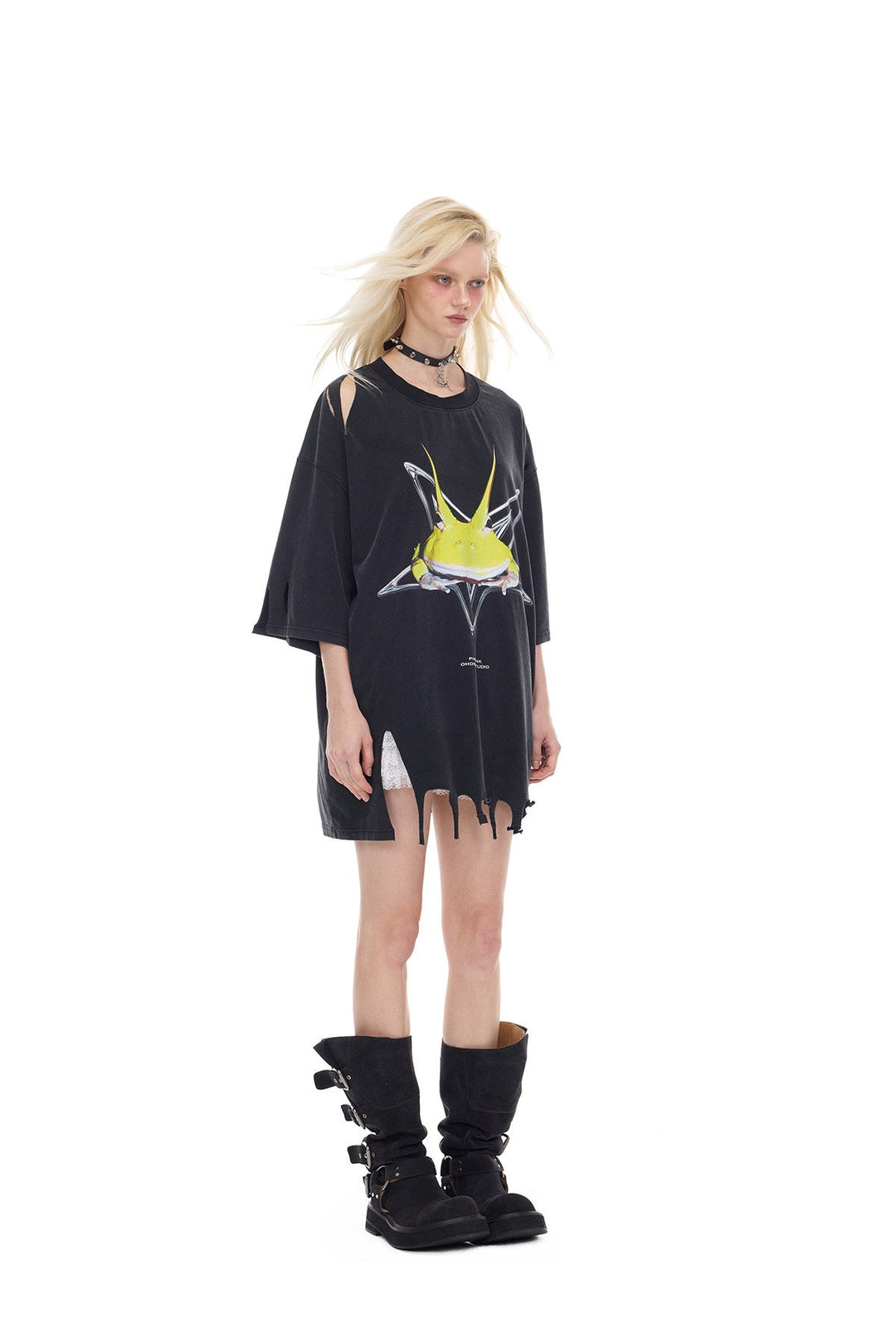 PINKSPINK HORNED FROG distressed graphic tee in black — three-quarter full-length modeled view showing the irregular hem