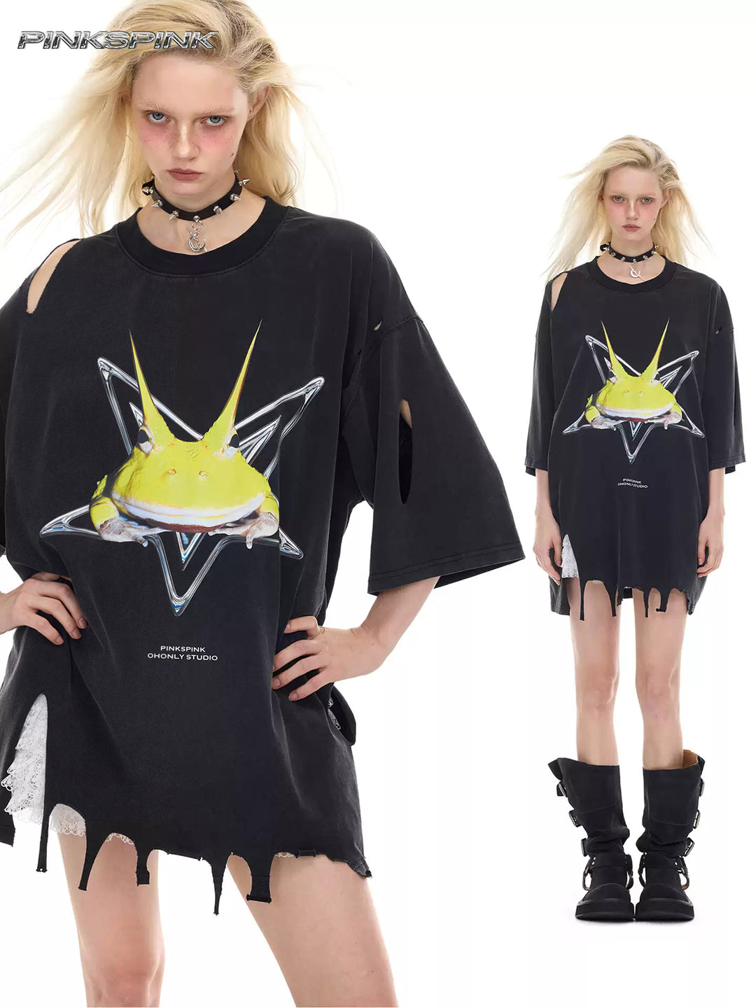 PINKSPINK HORNED FROG distressed graphic tee in black — collage of modeled looks showing the horned-frog graphic and distressed hem