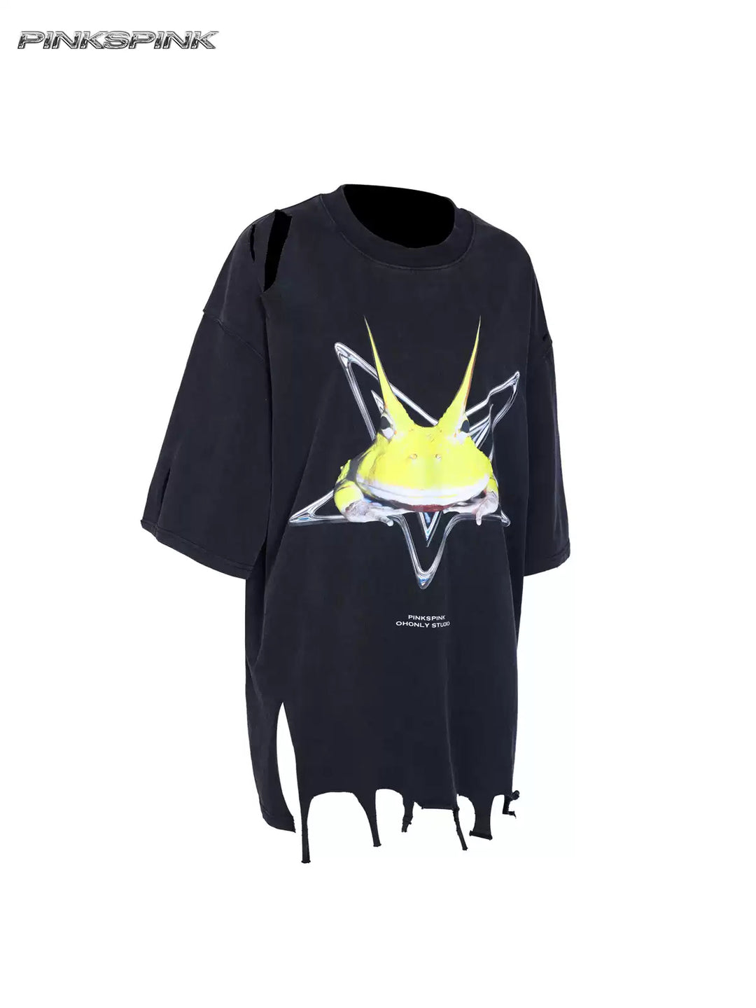 PINKSPINK HORNED FROG distressed graphic tee in black — front garment-only view showing shoulder tears and the irregular hem