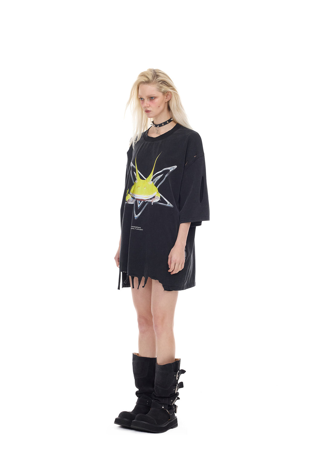 PINKSPINK HORNED FROG distressed graphic tee in black — left three-quarter full-length modeled view