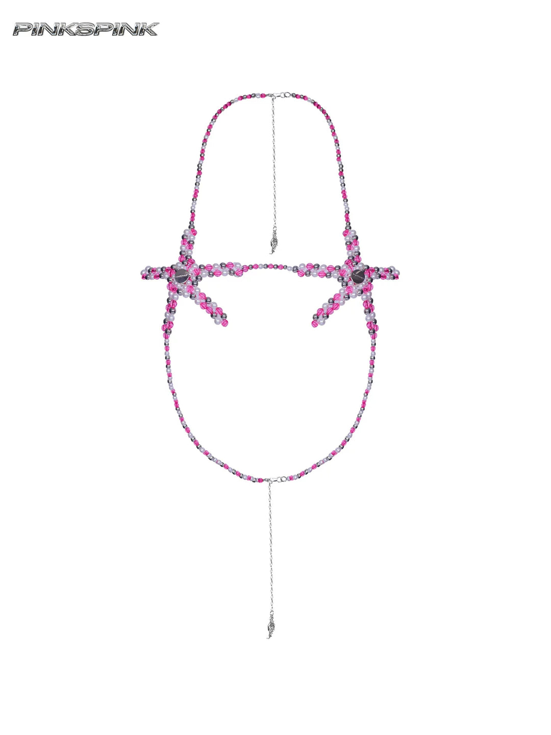 PINKSPINK PENTAGRAM beaded body harness in pink — front jewelry-only view showing the two pentagram motifs and fastening chains