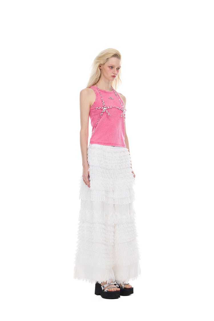 PINKSPINK PENTAGRAM beaded body harness in pink — full-length modeled styling view over a separate pink top