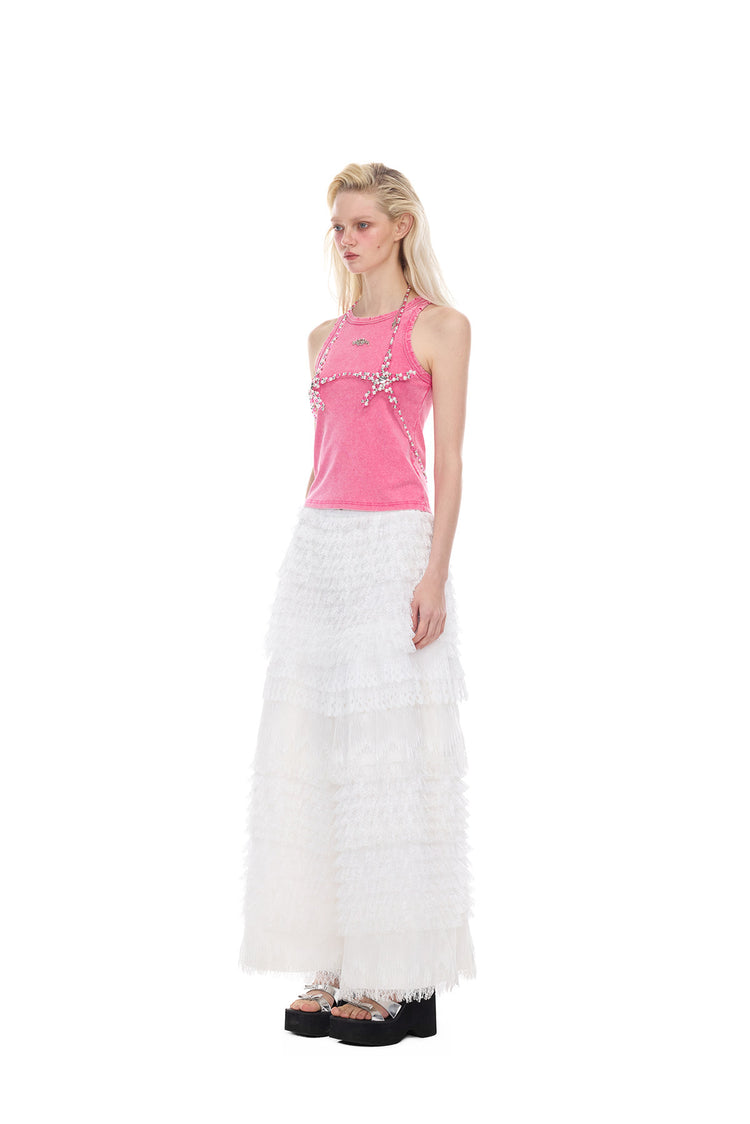 PINKSPINK PENTAGRAM beaded body harness in pink — opposite three-quarter modeled view over a separate pink top