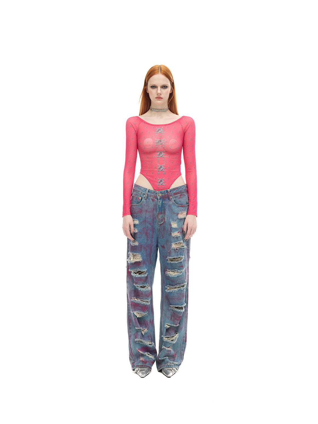 PINKSPINK MIRROR graphic mesh bodysuit in pink — front full-length modeled view