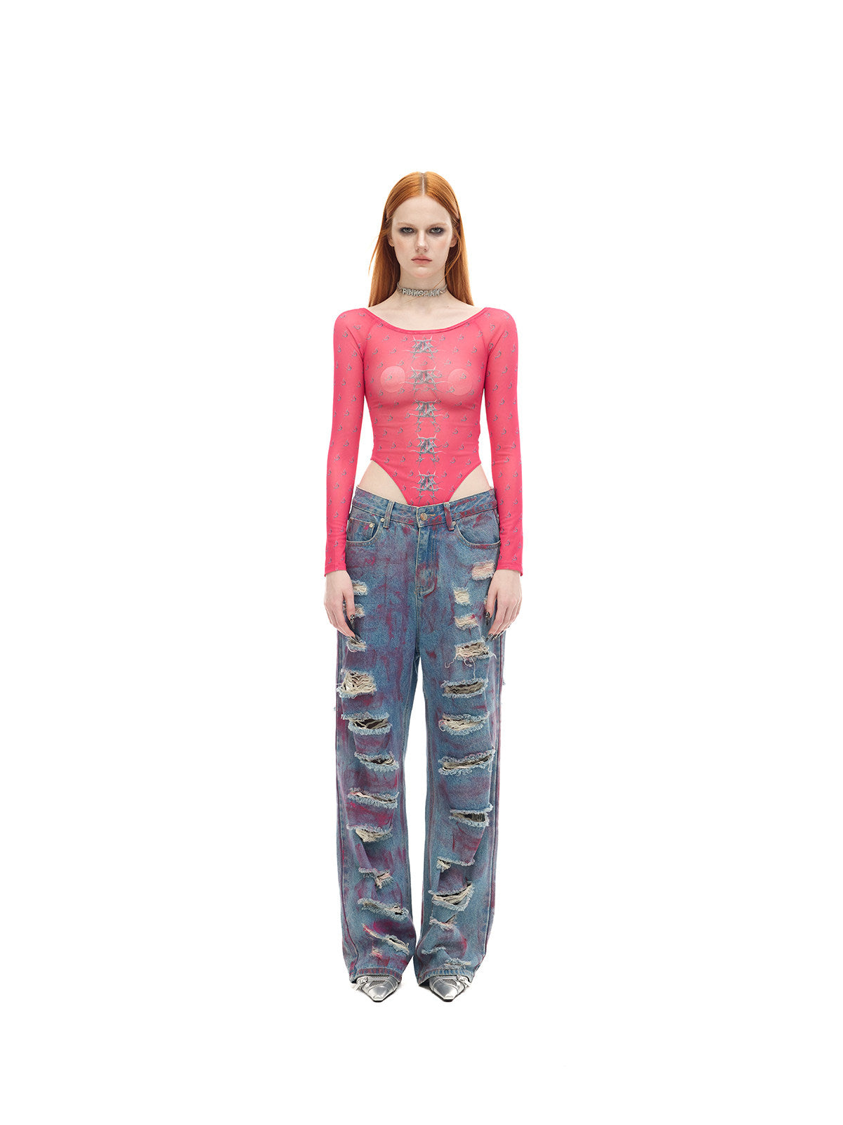 PINKSPINK MIRROR graphic mesh bodysuit in pink — front full-length modeled view