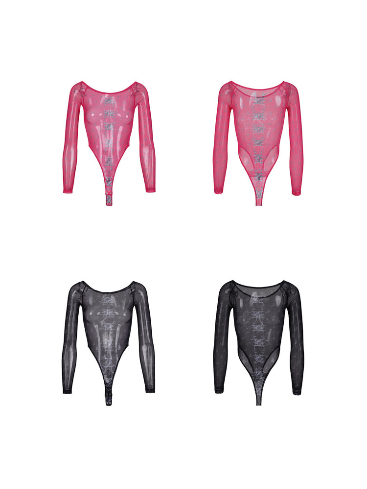 PINKSPINK MIRROR graphic mesh bodysuit in pink and black — front and back garment-only views on a clean white background