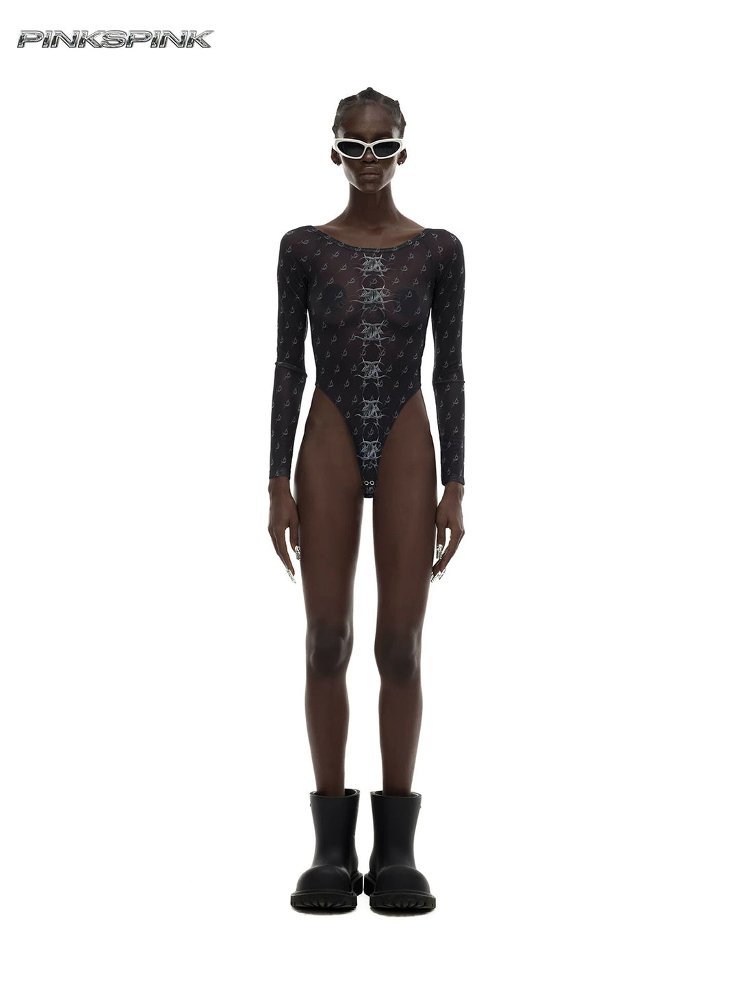 PINKSPINK MIRROR graphic mesh bodysuit in black — front full-length modeled view showing the high-cut shape