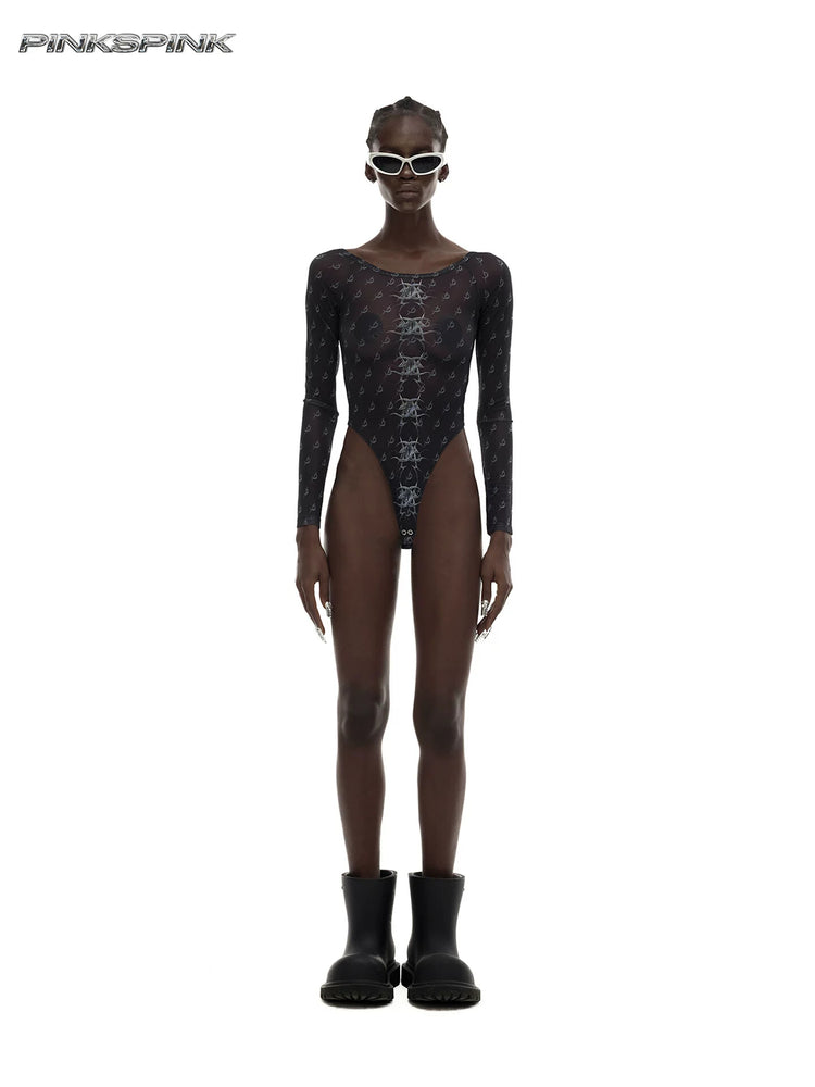 PINKSPINK MIRROR graphic mesh bodysuit in black — front full-length modeled view showing the high-cut shape