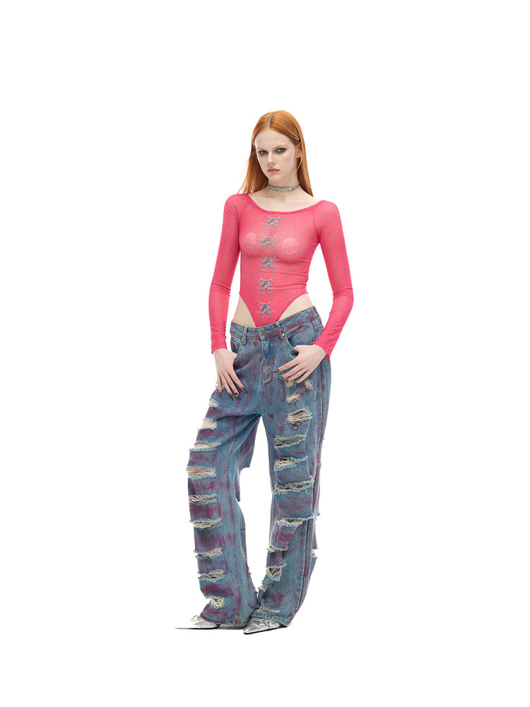 PINKSPINK MIRROR graphic mesh bodysuit in pink — three-quarter full-length modeled view