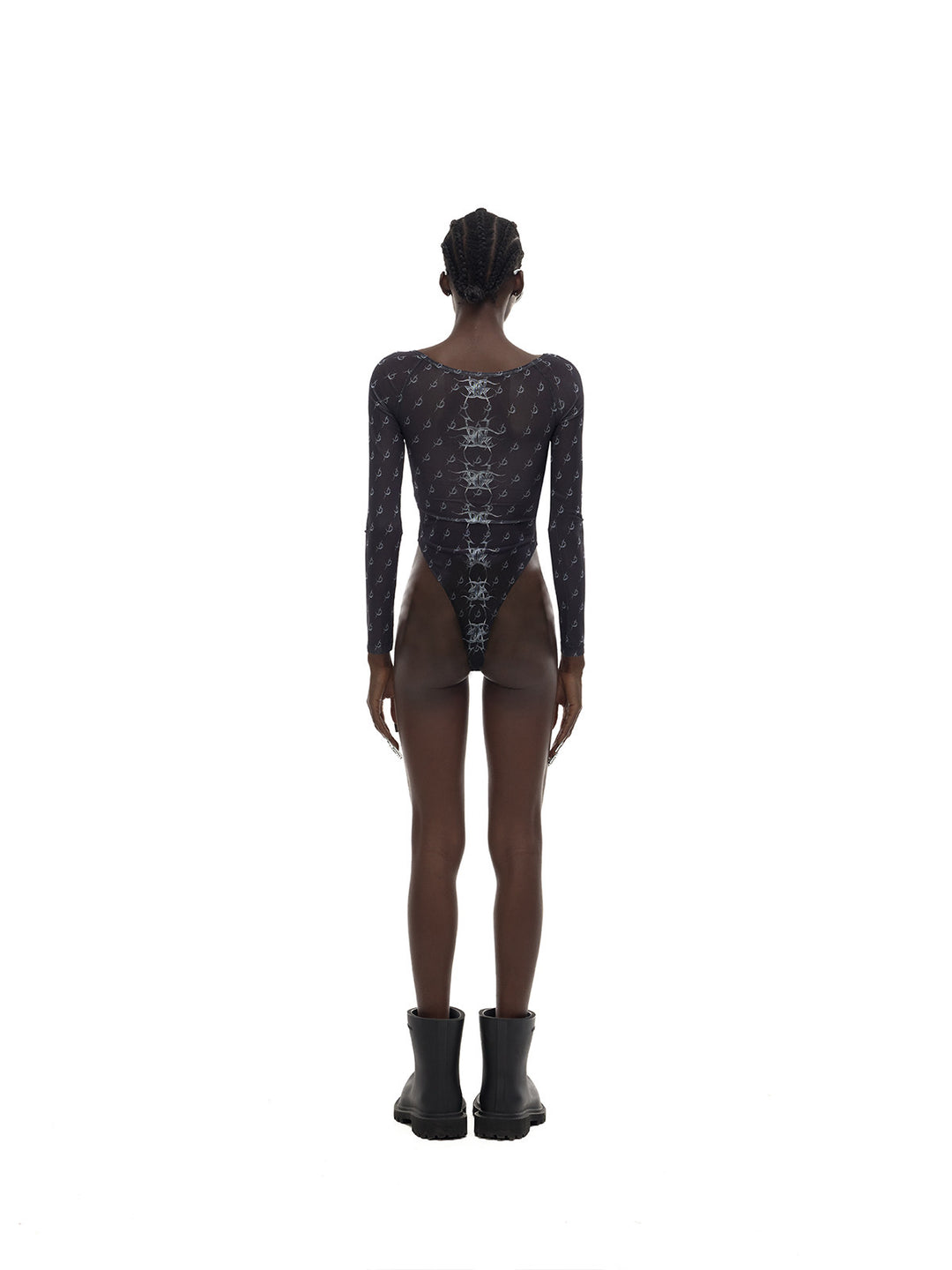 PINKSPINK MIRROR graphic mesh bodysuit in black — rear full-length modeled view
