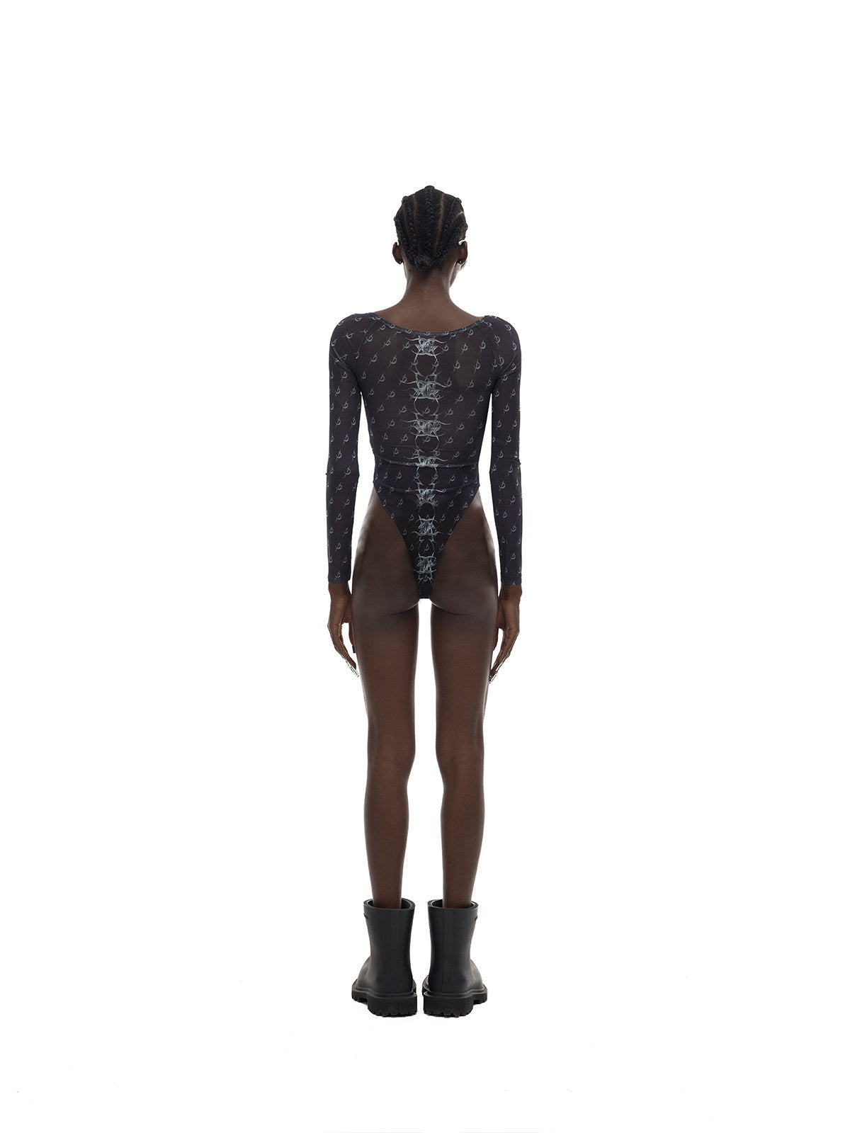 PINKSPINK MIRROR graphic mesh bodysuit in black — rear full-length modeled view
