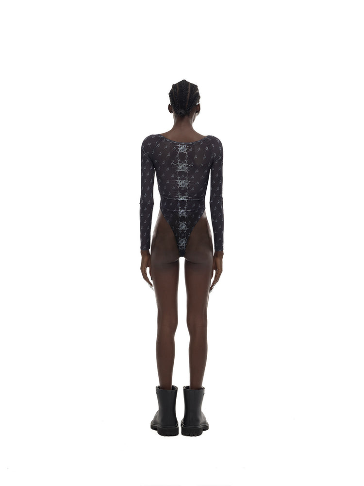 PINKSPINK MIRROR graphic mesh bodysuit in black — rear full-length modeled view