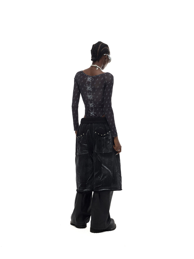 PINKSPINK MIRROR graphic mesh bodysuit in black — three-quarter rear modeled view showing the back graphic