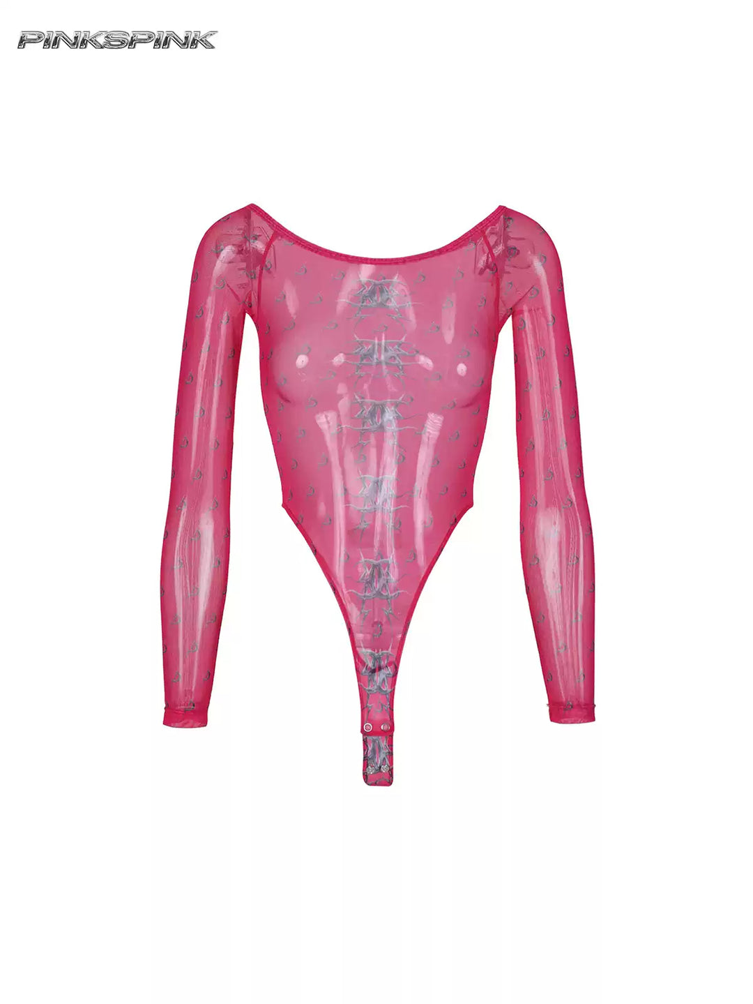 PINKSPINK MIRROR graphic mesh bodysuit in pink — front garment-only view