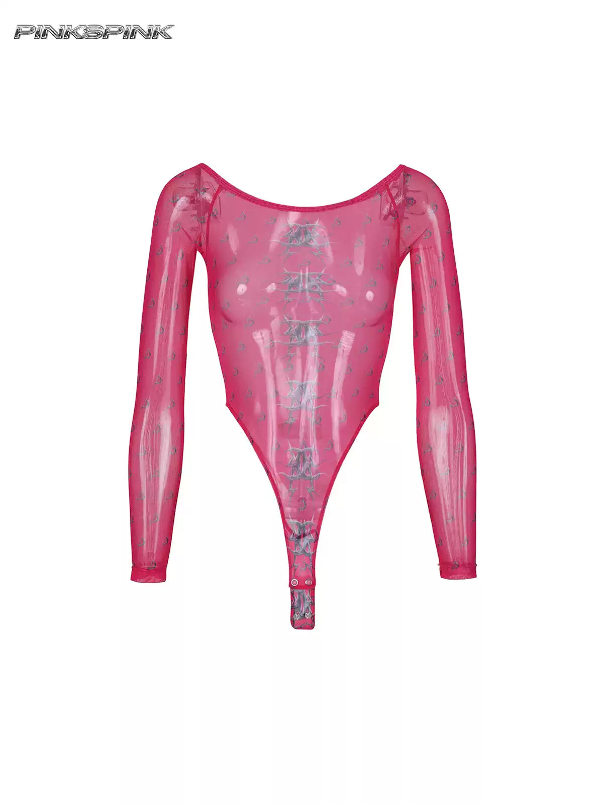 PINKSPINK MIRROR graphic mesh bodysuit in pink — front garment-only view