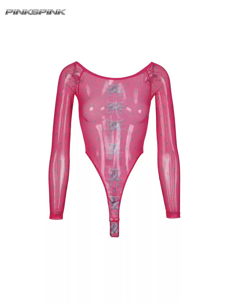 PINKSPINK MIRROR graphic mesh bodysuit in pink — front garment-only view