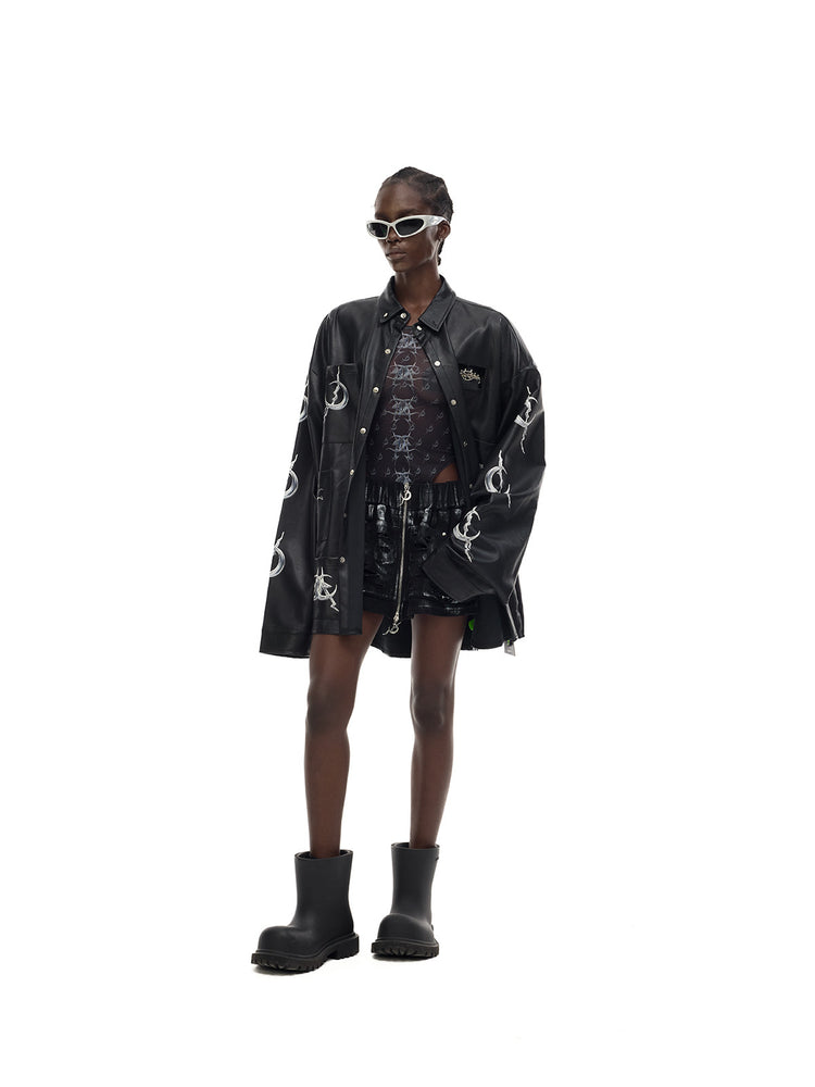 PINKSPINK MIRROR graphic mesh bodysuit in black — full-length styling view under a separate open jacket