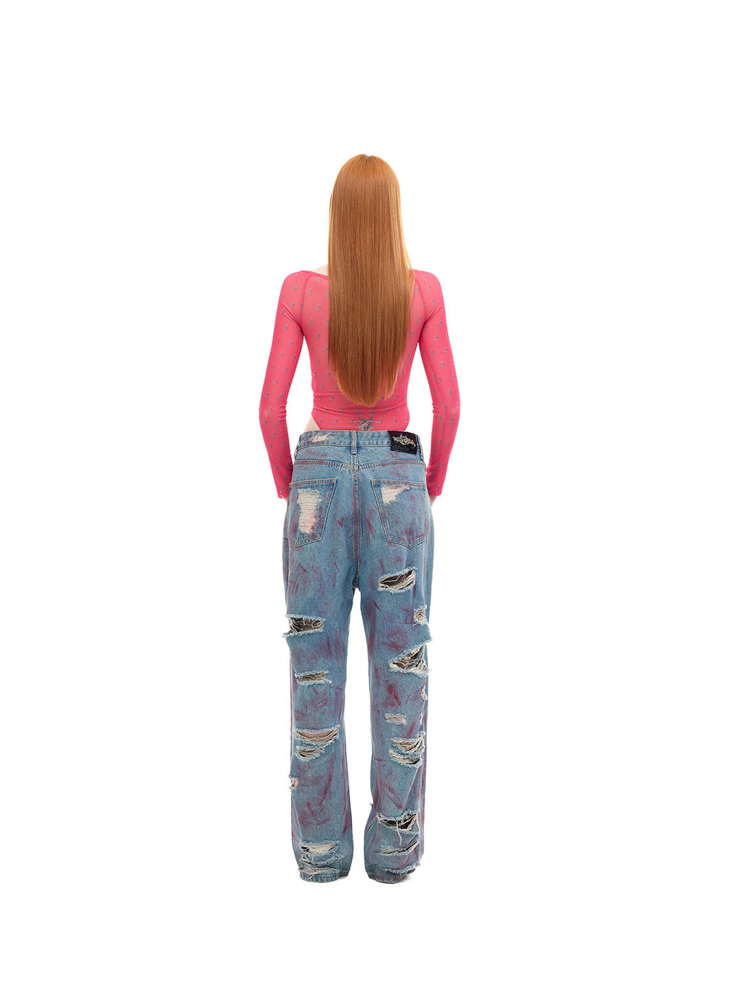 PINKSPINK MIRROR graphic mesh bodysuit in pink — rear full-length modeled view