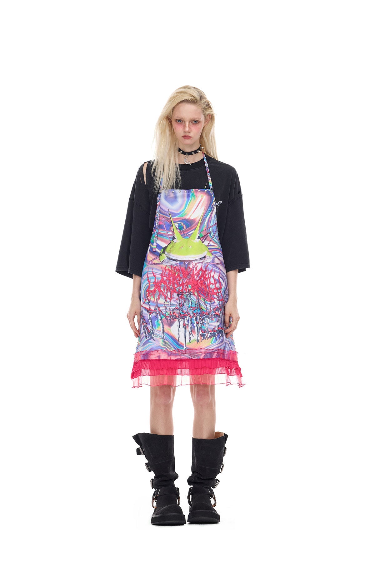PINKSPINK HORNED FROG ruffle-trim layering apron in pink multicolor — front full-length modeled view layered over a separate black tee